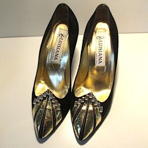 VTG Black Suede Pumps with Gold Toe and Rhinestones, Size 36.5